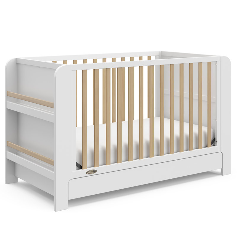 Lit de bébé convertible 4-en-1 avec tiroir Read-With-Me, Blanc / Bois flotté, Lit à barreaux