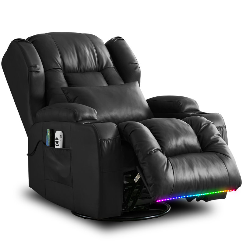 Vegan Leather Power Swivel Rocker Recliner Chair Home Theater Seating with LED Light and Cup Holder, Brown Faux Leather