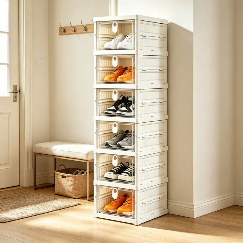 Meuble à chaussures pliable à 6 niveaux, organisateur de chaussures en plastique transparent avec porte avant, boîte de rangement à chaussures empilable pour entrée, placard