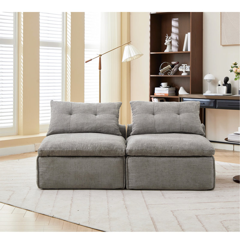 [Vidéo fournie] Canapé modulaire, sans accoudoirs, à volonté, tissu en chenille, canapé-lit à dossier-cou, coin lecture ou appartement, coussin lombaire, 2 sièges, revêtement, gris clair