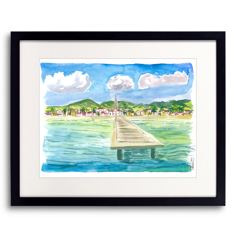 Vue côtière du village tropical Anse Darlet en Martinique par Martina Bleichner - Peinture, H 16 po x l 20 po