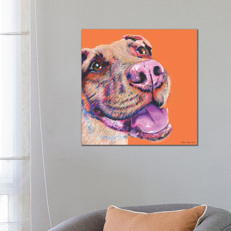 Pitbull On Orange, Square by Kirstin Wood - Painting on Canvas, Wrapped Canvas, 45.72 cm H x 45.72 cm W x 3.175 cm D