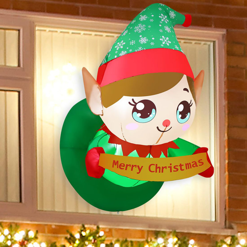 Christmas Inflatables 3.4 FT Inflatable Christmas Elf Lean Out From Window