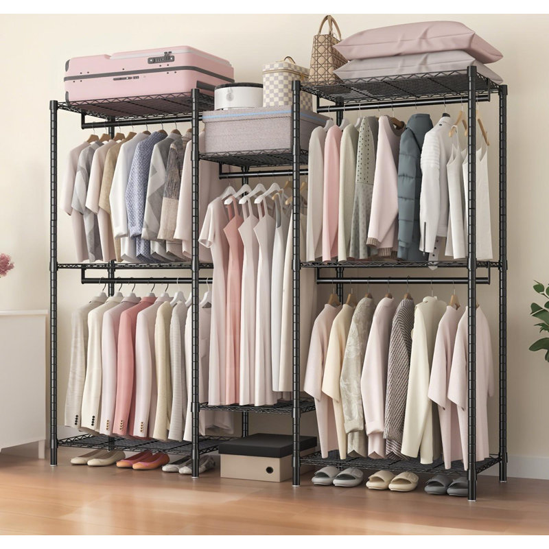 Portant à vêtements robuste, organisateur de garde-robe autoportant, portemanteau portatif pour garde-robe, portemanteau réglable avec 8 tablettes réglables et 5 portemanteaux, noir