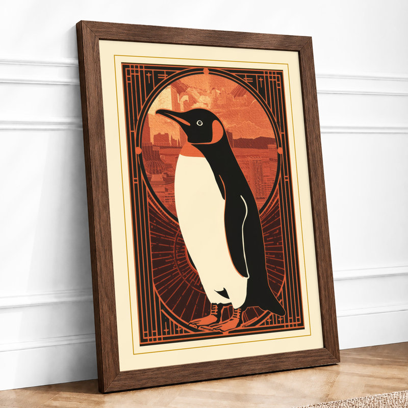 Geometric Penguin Art Deco - Framed Print, Walnut, A3 - 42.0 x 29.7 cm