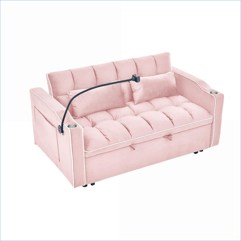 Canapé-lit pliable moderne en velours 55,5 po Sofas | Support réglable, USB, support pour téléphone , Velours rose pastel