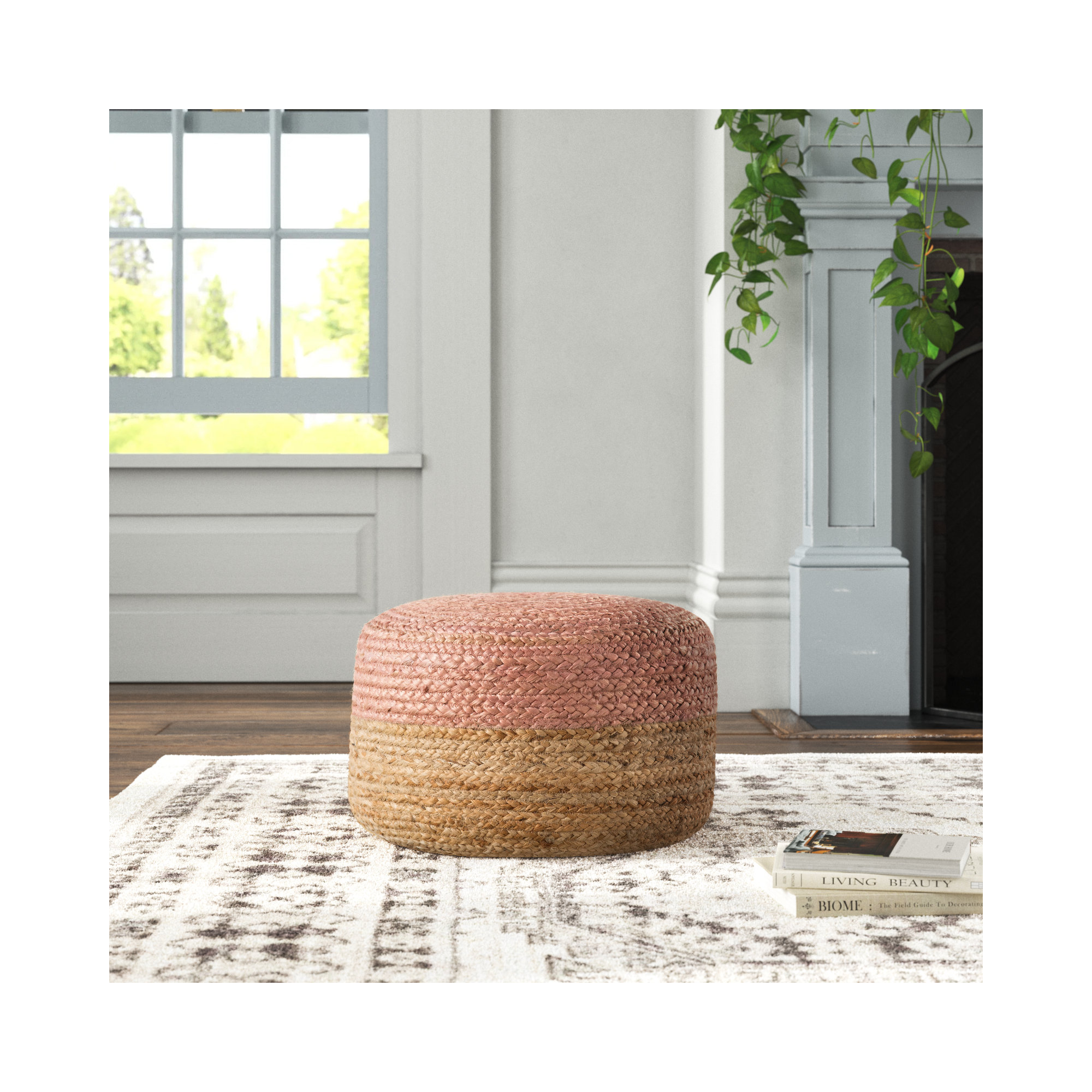 Teele 18" Wide Round Pouf Ottoman, Light Pink/Beige