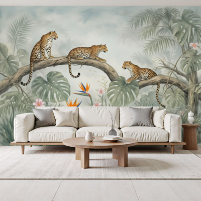 Papier peint adhésif rétro à motif floral léopard jungle tropicale rétro H 100 po x l 144 po papier adhésif amovible en PVC pour le salon de la chambre à coucher