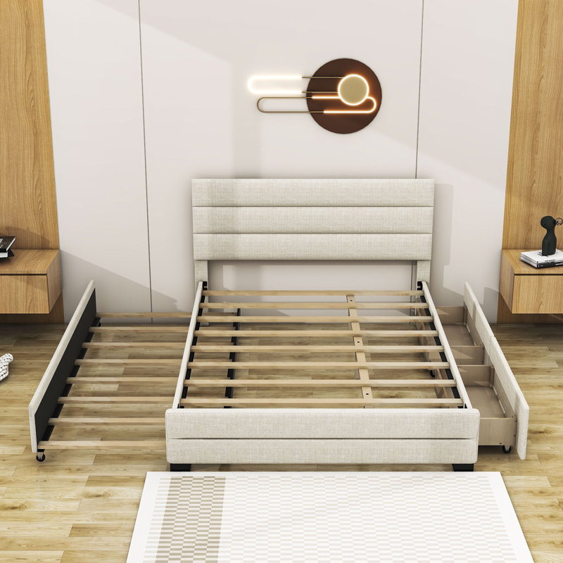Grand lit plateforme tapissier avec lit gigogne et tiroir Hamden, Beige