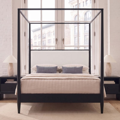 Mid-Century Modern Queen Size Solid Wood Canopy Bed Frame with Boucle Upholstered Headboard, 4-Poster Platform Bed with Tapered Legs, No Box Spring Needed, Easy Assembly, Black