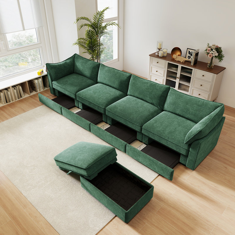 Canapé modulaire en L 4 places, canapé 4 places avec 1 repose-pieds mobile, accoudoirs en forme de croissant et coussins de dossier et d'accoudoirs enveloppants, chenille