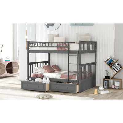 Convertible Full Over Bunk Bed With Drawers - Gray Bedroom Luxury Guardrail Protection, Drawer Storage, Solid