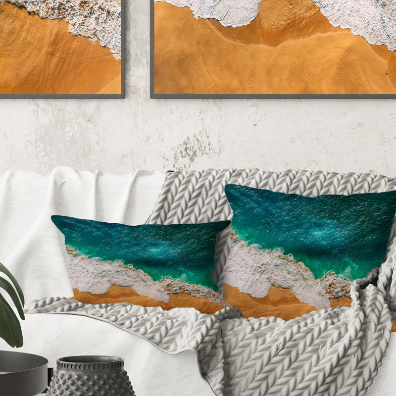 Turquoise vagues déferlantes à Orange Sunny Beach - Coussin décoratif imprimé nautique et côtier