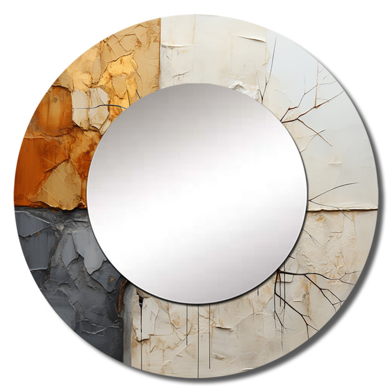 Abstrait de fractale abstraite gris et jaune - miroir mural de fractales, miroir décoratif rond moderne, impression d'art en métal