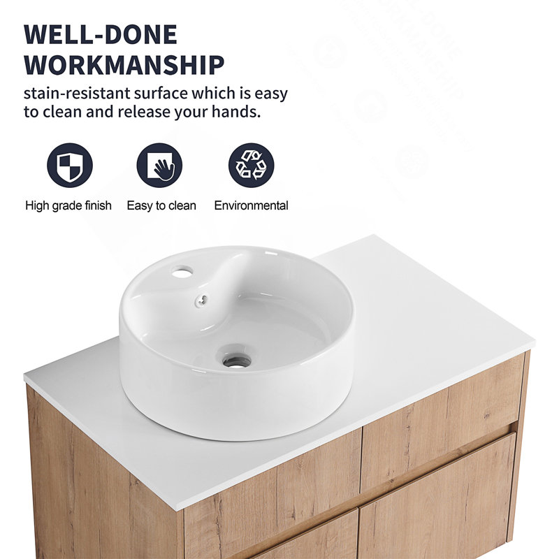 Meuble-lavabo mural contemporain avec lavabo d'art en céramique et rangement à fermeture en douceur