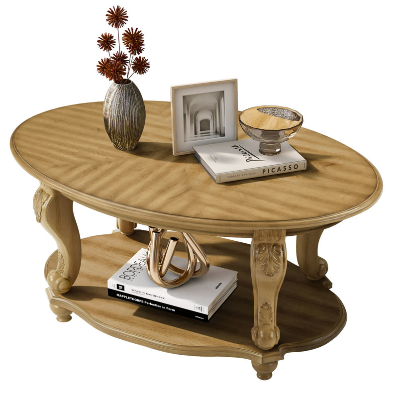 Table basse ovale en bois de 42 po pour le salon, table basse à 2 niveaux en bois massif avec tablette de rangement ouverte, assemblage facile, naturel antique