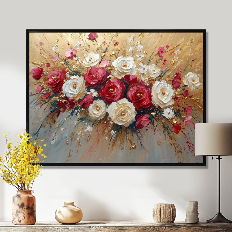 Fleurs sauvages et rose automne harmonie - roses, art mural, H 12 po x l 20 po, Cadre flottant, Noir