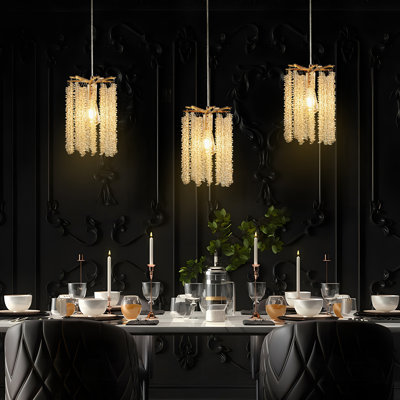 Luxury 3-Pack Crystal Pendant Lights, Elegant Golden Finish Chandelier With Waterfall Bead Design (No Bulbs)