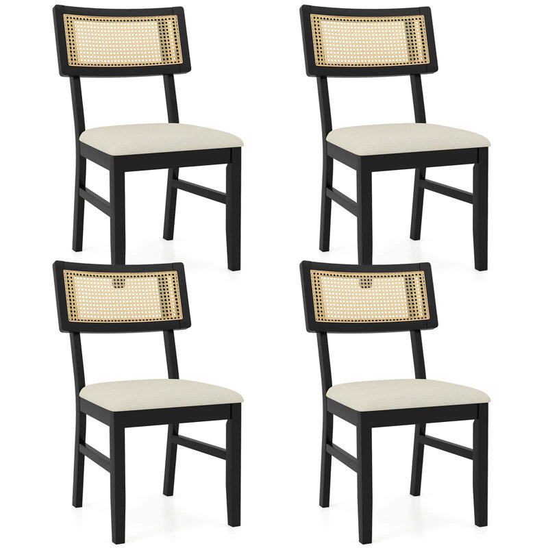 Ensemble de 4 chaises de salle à manger en rotin avec siège rembourré, pieds en bois d'hévéa et dossier courbé, 4