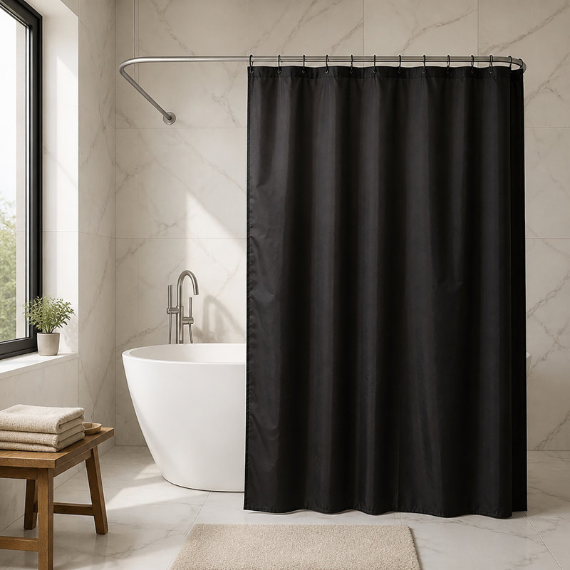 Rideau de douche en polyester de couleur unie avec crochets assortis, Noir