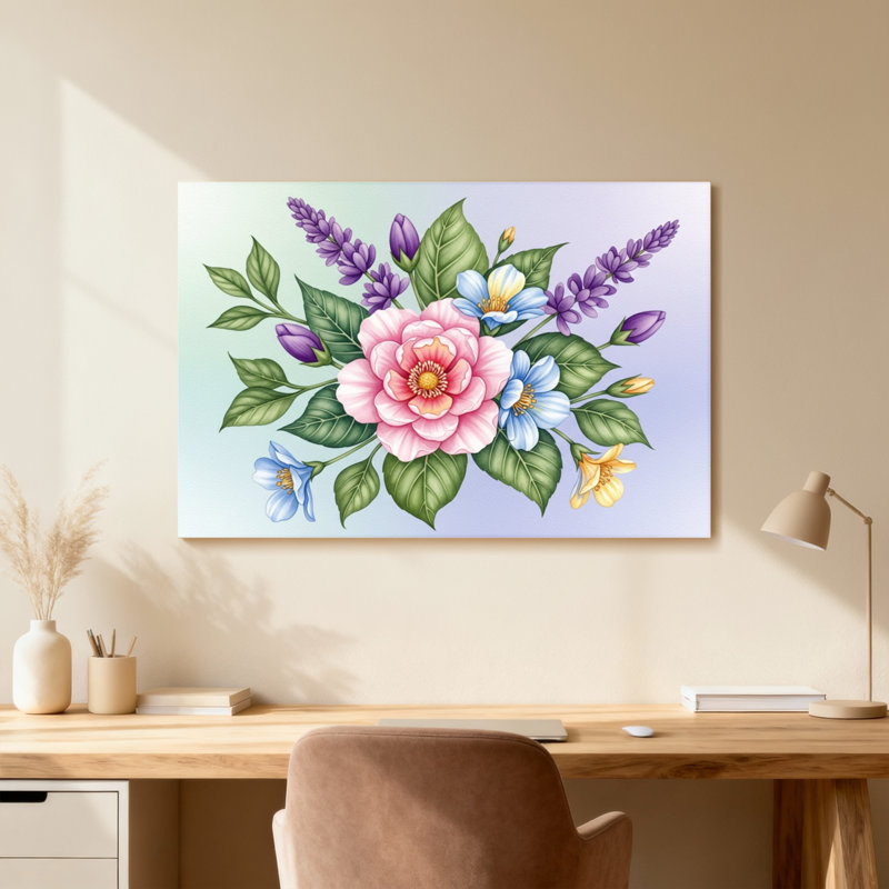 Arrangement floral de plantes et fleurs avec rose rose et lavande mauve, H 24 po x l 36 po, Toile tendue, Ne s’applique pas