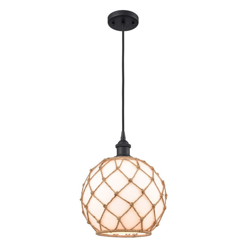 Luminaire suspendu en forme de globe à 1 lumière avec accents en corde Tobey, H 13 po x l 10 po x P 10 po, Blanc / Brun