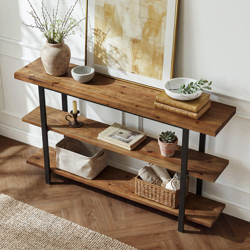 Console 63 po en bois massif avec tablettes de rangement à 3 niveaux, canapé industriel