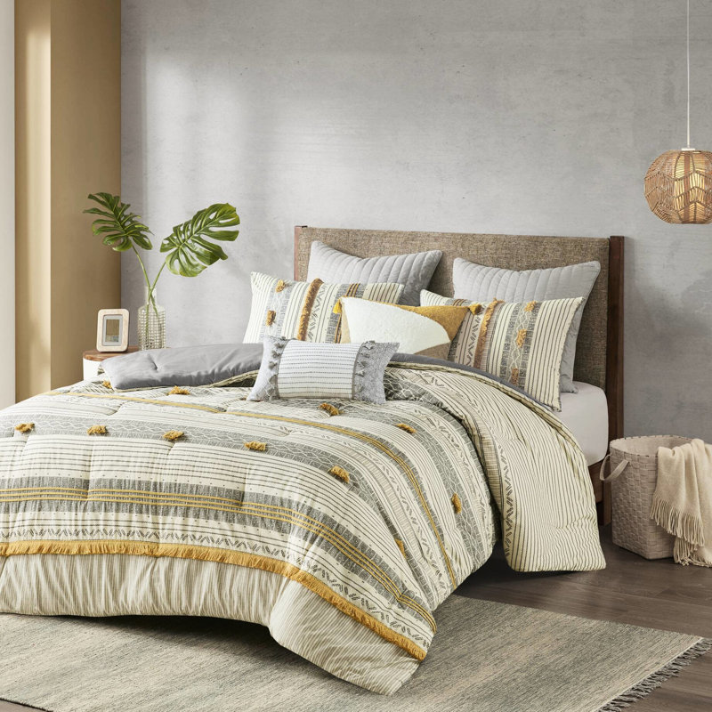 Édredon en coton 3 pièces pour très grand / très grand lit - Rayures grises / jaunes et garnitures, rembourrage, finition de couette propre, finition de couette