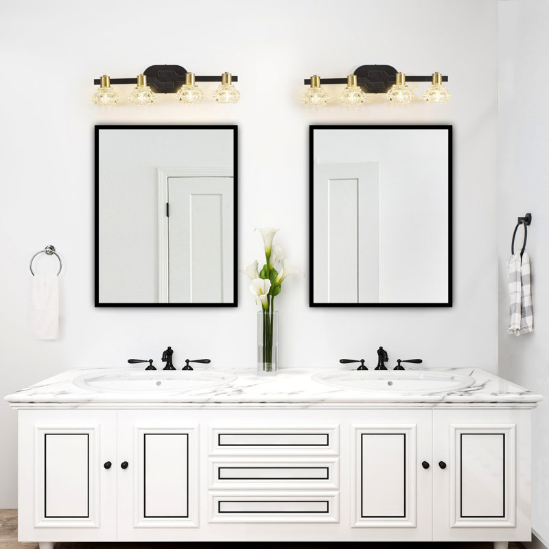 4- Wall Sconce, Clear Crystal , Matte Black + Golden, Bathroom & Dressing Room , Retro Design, Energy Saving Vintage Style Sconce With 4 Lights, Shades, Vanity Counter, Easy Setup