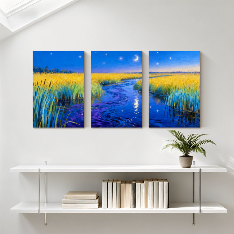 Abstrait, ciel nocturne, rivière, roseaux, étoiles, lune, reflets, paysage, ensemble de 3 impressions sur toile