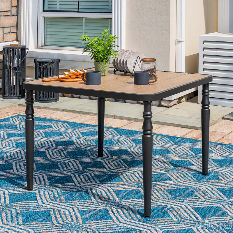 Patio Square Dining Table with Umbrella Hole, Wood-Grain Tabletop, Brown