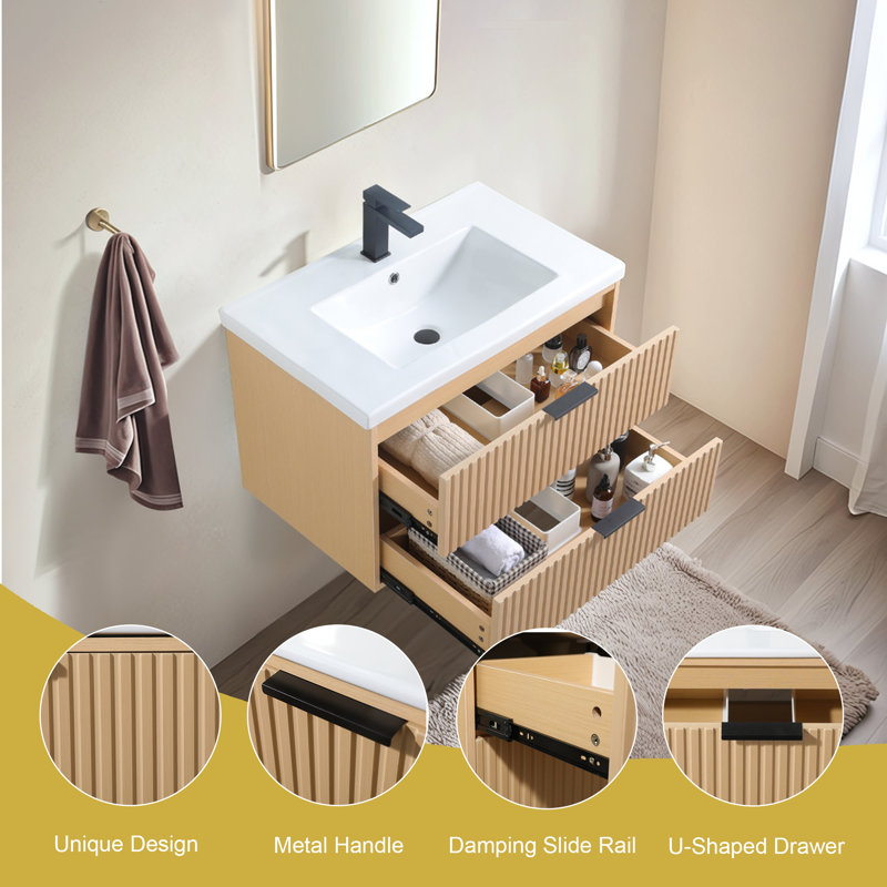 30'' Modern Wall-Mounted Single Bathroom Vanity Set, Beige