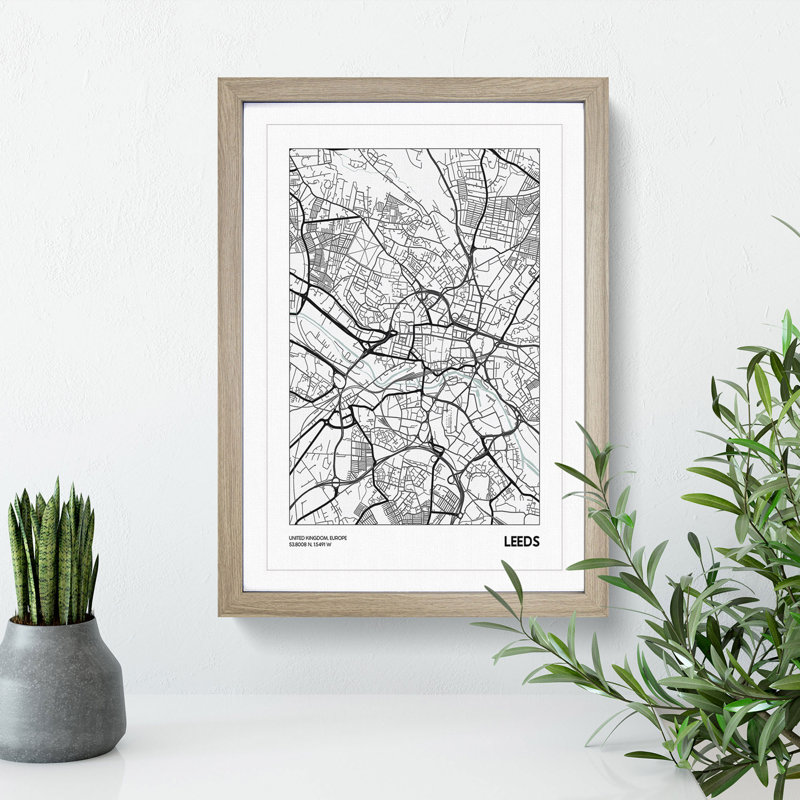 Map Leeds UK - Picture Frame Graphic Art, Oak, 48cm H x 36cm W x 2cm D