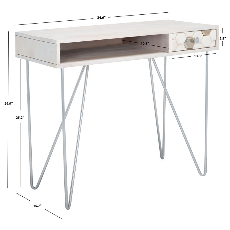 Bureau en bois massif Kershaw, Blanc délavé, Argent