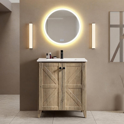 Meuble-lavabo simple autoportant de 30 po avec plateau en céramique, bois de poirier gris