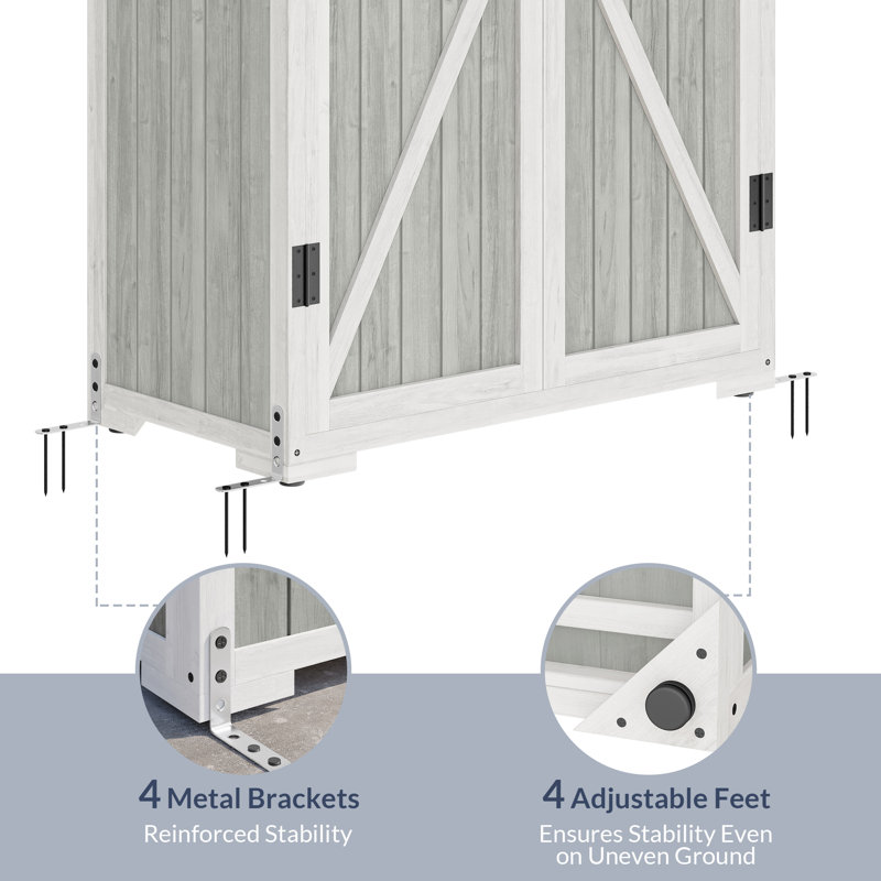 Gray and White Wooden Outdoor Storage Shed with Shelves
