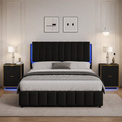 Faux Leather Upholstered Platform Bed with LED Lights and Modern Nightstand Set with Fluted Drawers