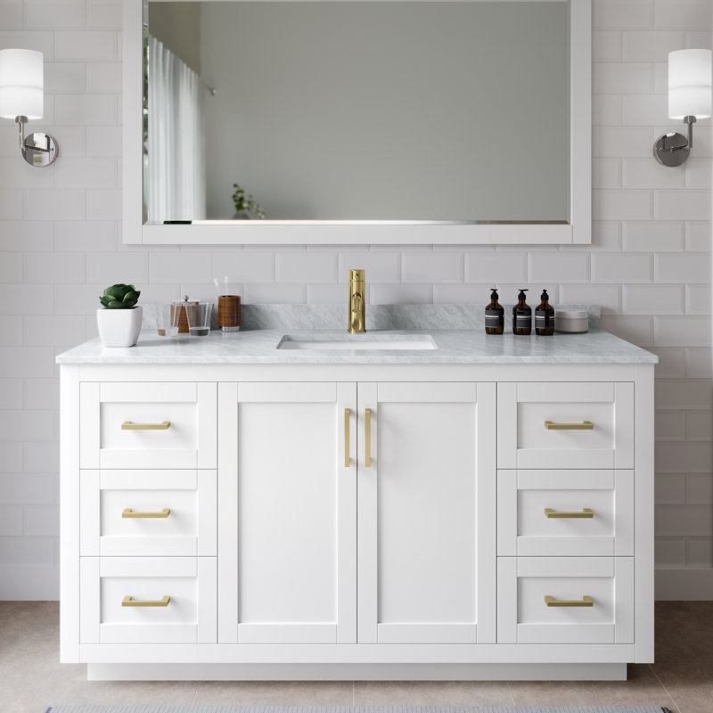 Miranda 60" Freestanding Single Bathroom Vanity with Marble Top, White, Brushed Gold
