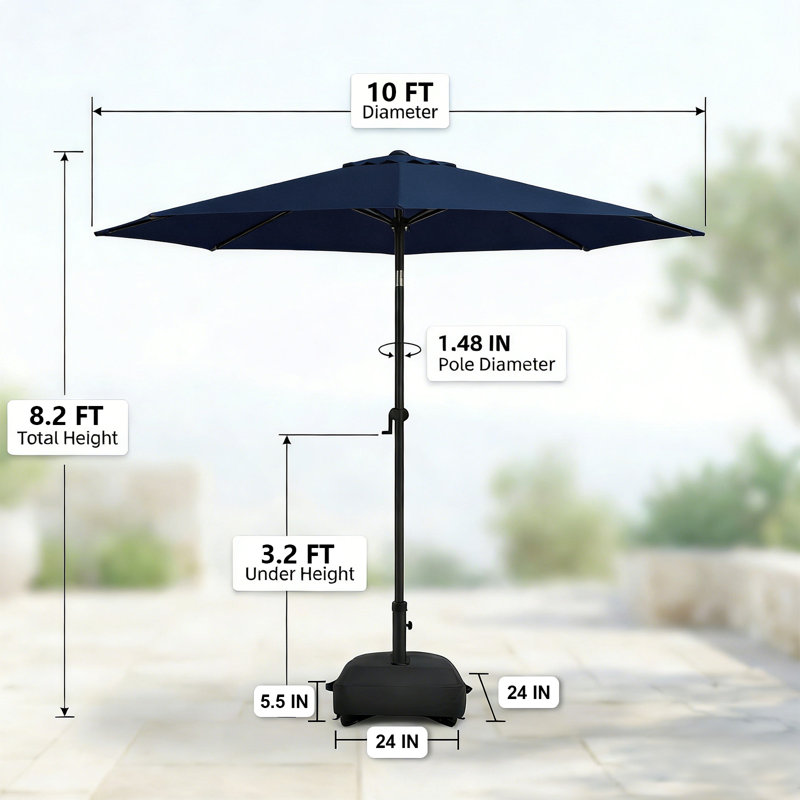 Parasol de marché 10 pi avec base et bouton poussoir inclinable 10 pi, Marine