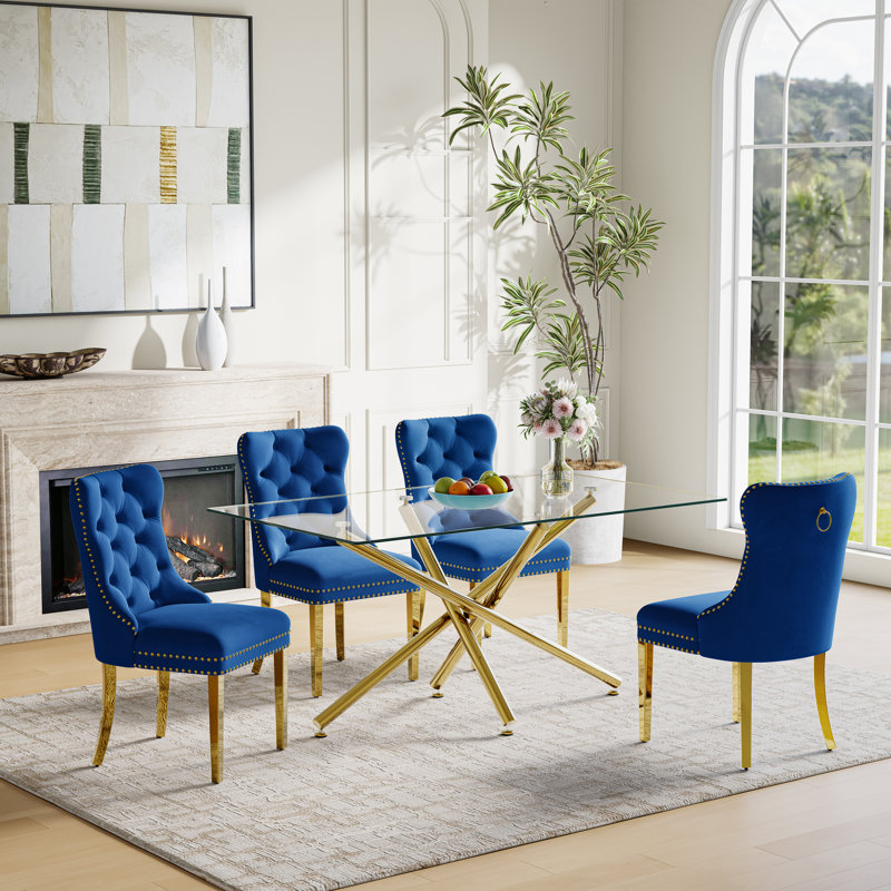 5-Piece Modern Dining Set – Rectangular Glass Table With Mirrored Metal Base & 4 Velvet Upholstered Chairs, Gold/Blue, Gold