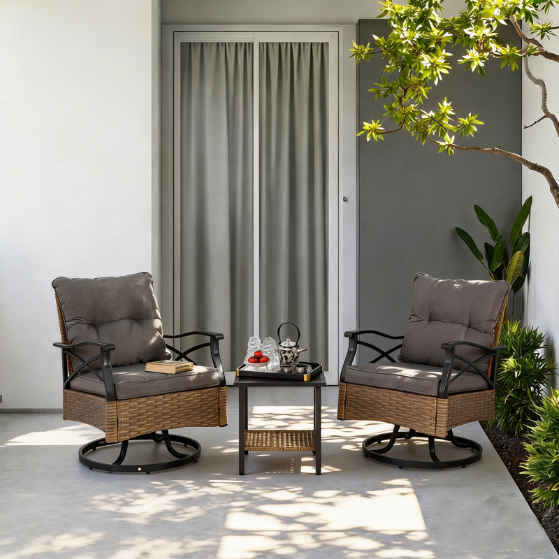Ensemble de chaise berçante pivotante 3 pièces avec table basse à 2 niveaux et coussins de dossier confortables en rotin