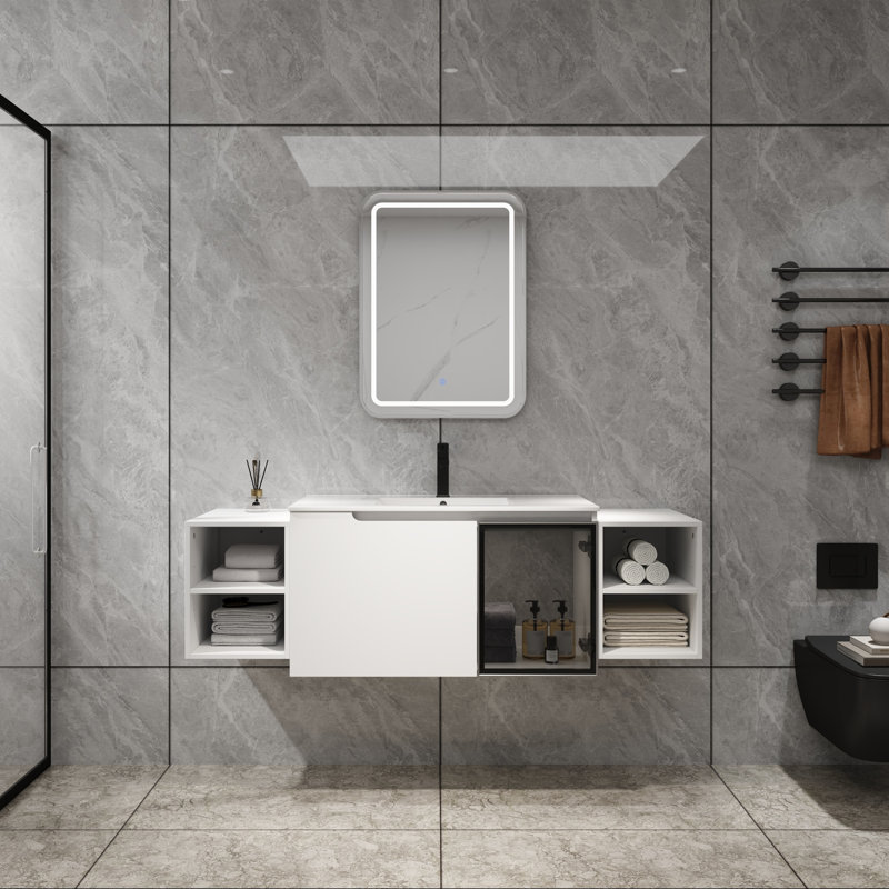 Meuble-lavabo mural 60 po avec lavabo en céramique, portes en verre blanc et gris brillant, 2 tablettes de rangement, 60"