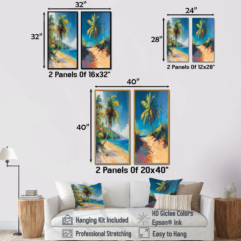 Ensemble de 2 pièces d'art mural vert et bleu, palmiers et palmiers tropicaux, Érable, H 28 po x l 24 po, Impression encadrée