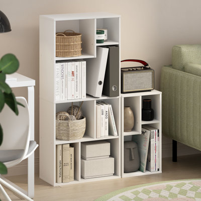 Zambrana Book Shelf, 7-Cube Bookshelf, Cube Storage Organizer Bookcase with Irregular Compartments, 9.4 x 18.9 x 42.1, for Living Room, Bedroom, Home Office, White