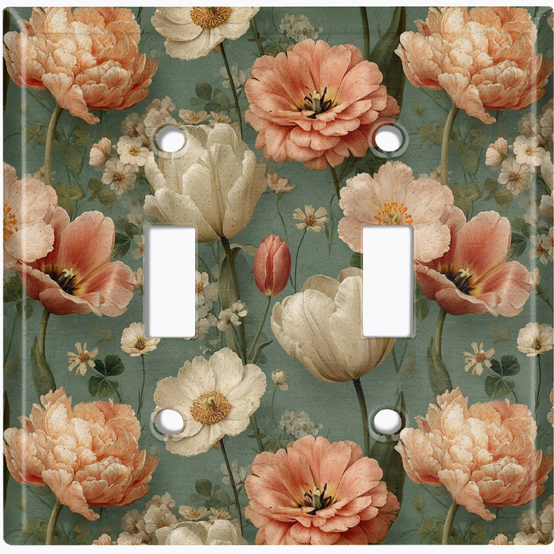 Couvercle de plaque d'interrupteur en métal; Bascule de taille standard US 2 - Fleurs rétro, Double # 2