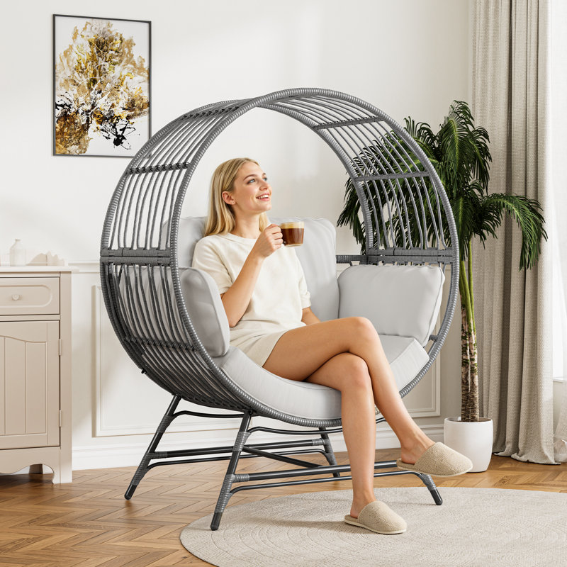Egg Chair Outdoor Indoor, Oversized Rattan Chair With Thicken Cushion, Gray, Light Gray
