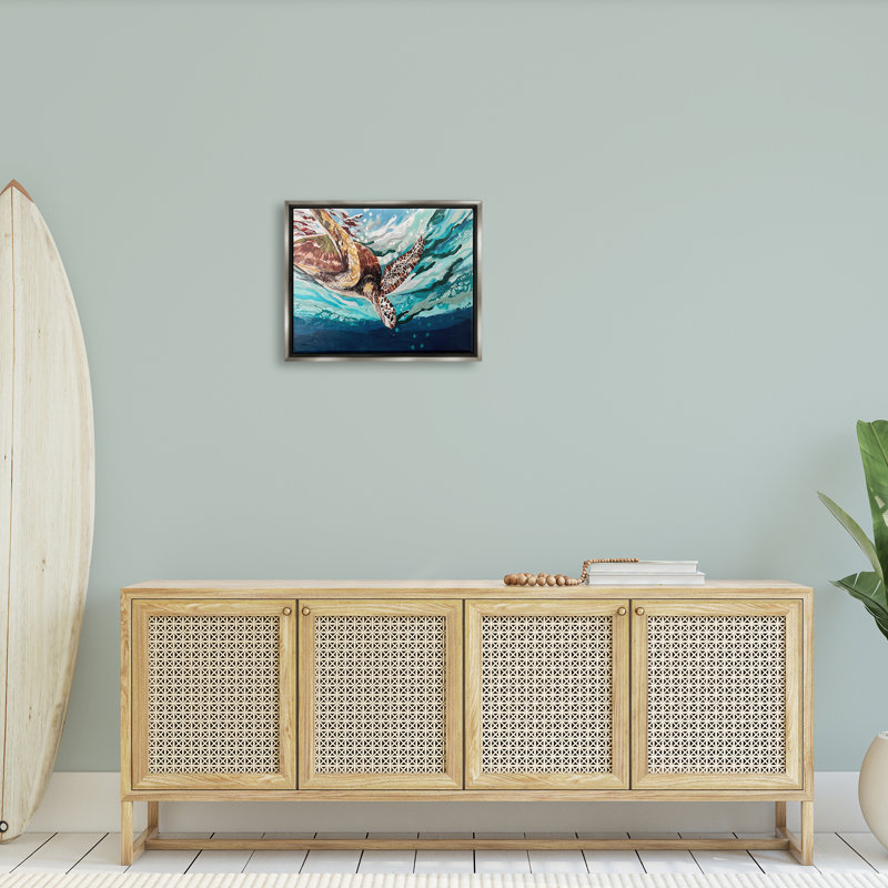 «Splashing Sea Turtle Diving Under Ocean Surface» par Stacy Gresell - Peinture, H 17 po x l 21 po x P 1,7 po