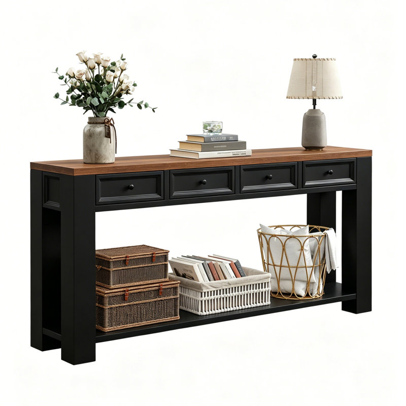 Console de 63 pouces, table de canapé derrière le canapé, table de vestibule avec 4 tiroirs et tablette ouverte, table de salon de style campagnard