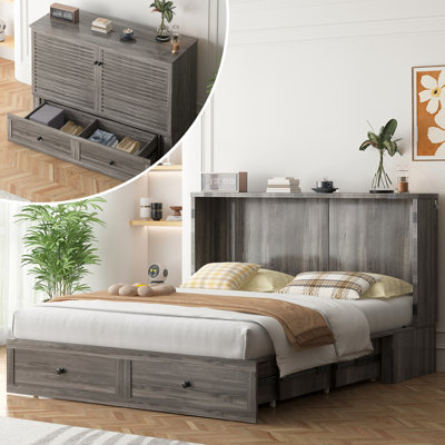 Queen Size Murphy Bed Cabinet with USB Charging Station & Drawers, Grey