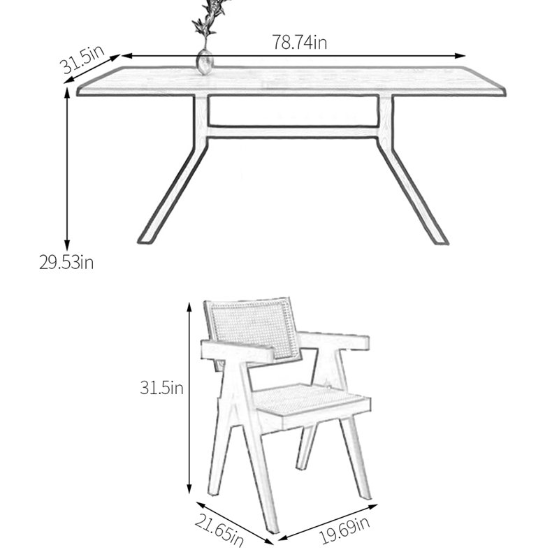 Ensemble de salle à manger rectangulaire, H 29,53 po x L 78,74 po x l 31,5 po
